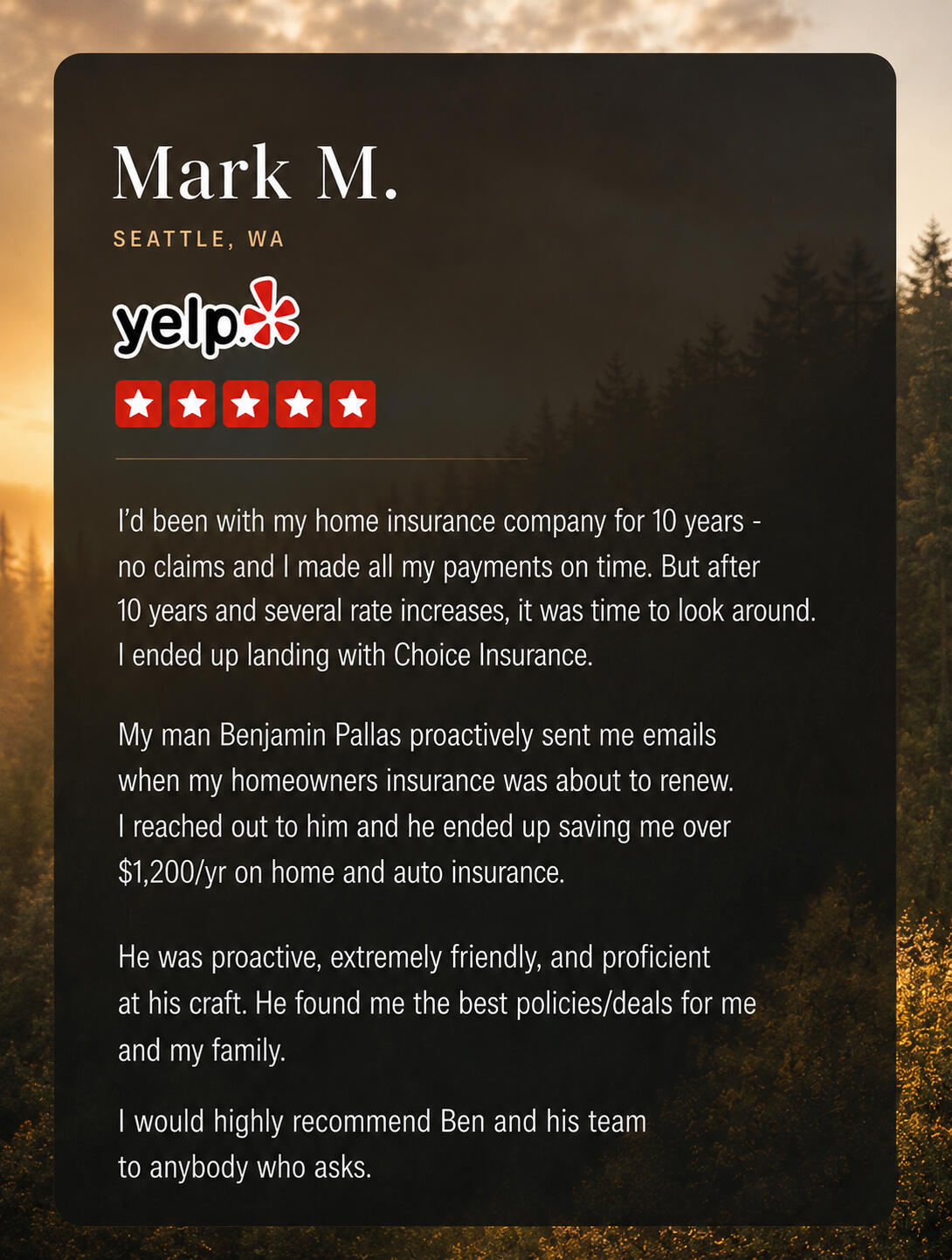Five-star Yelp review for CHOICE Insurance from Mark M