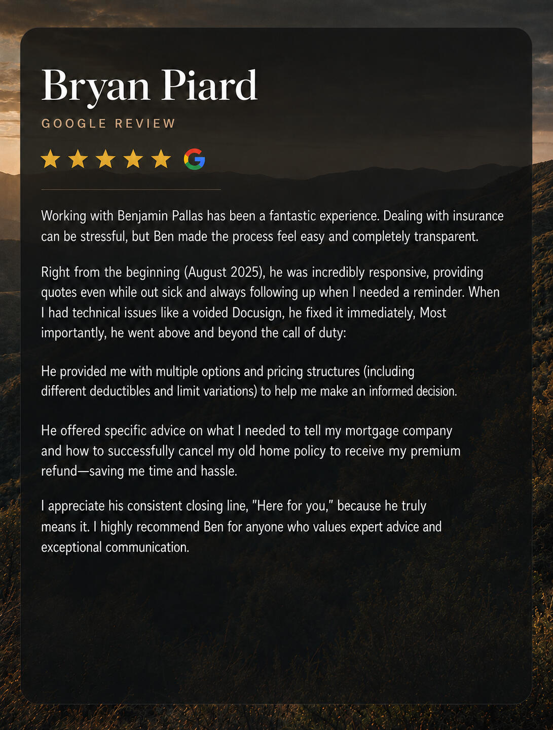 Google Review - Bryan P Five-star Google review for CHOICE Insurance from Bryan Piard