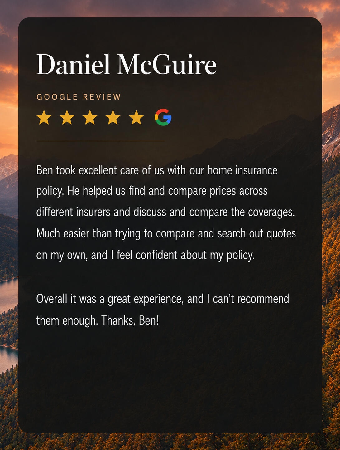 Google Review - Daniel McGuire Five-star Google review for CHOICE Insurance from Daniel McGuire